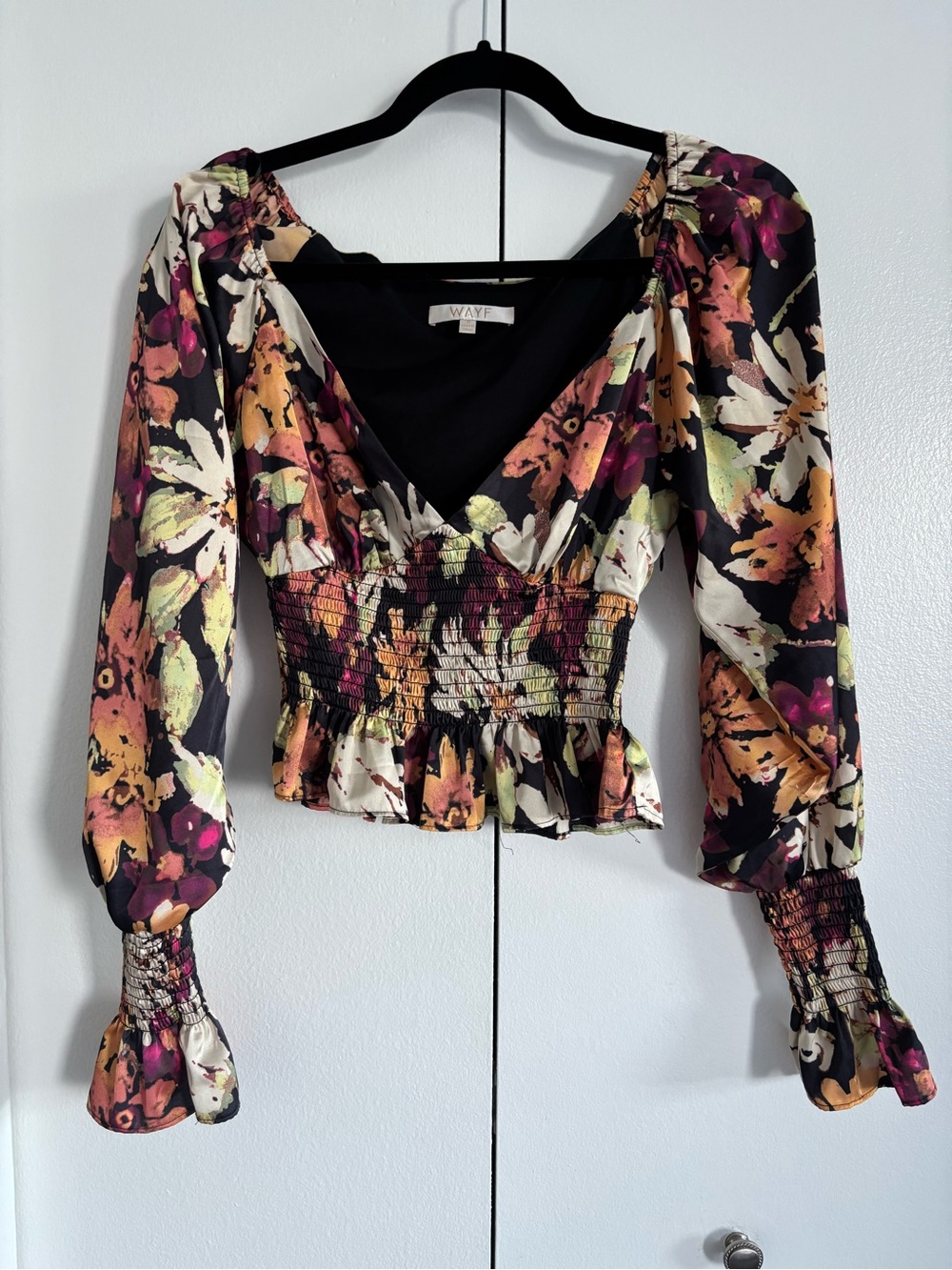 Wayf Black Multicolor Floral Smocked V-Neck Blouse